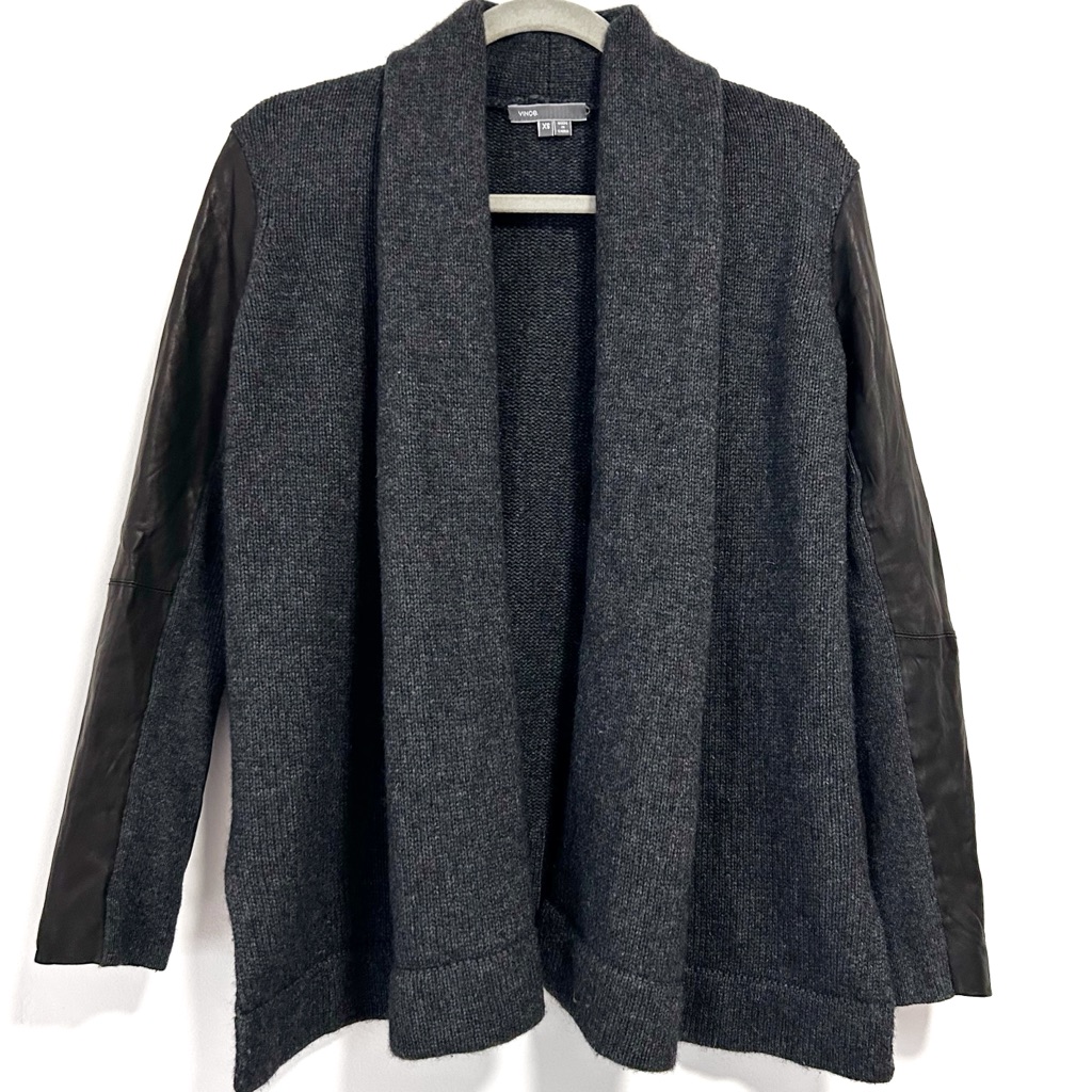 Vince Yak Wool Lamb Leather Sweater Women’s Xs Gray Open Front Shawl Black